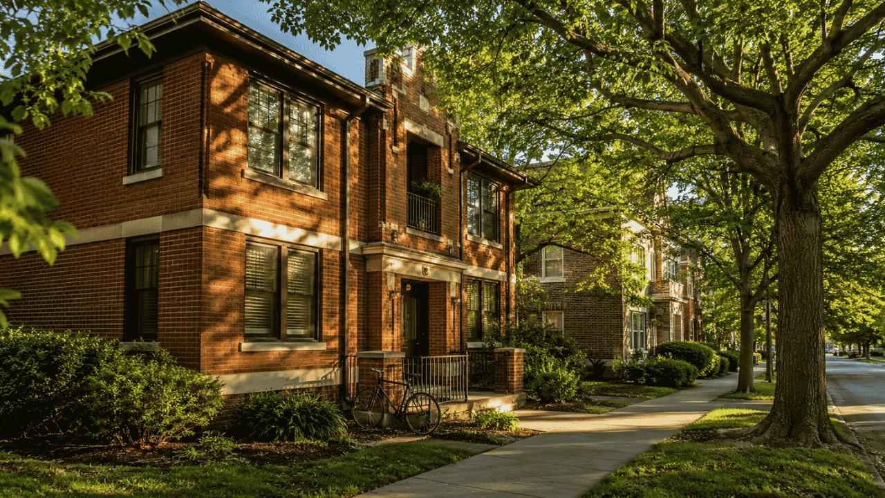 Tree-lined residential street with brick apartment buildings in Bloomington, Indiana