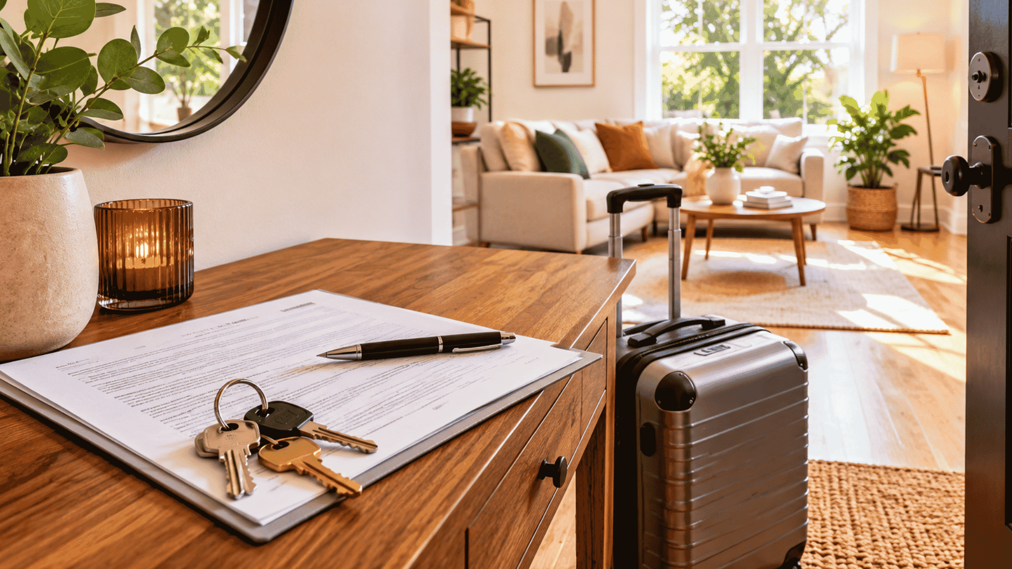 Apartment keys and lease document on a console table next to a suitcase in a furnished rental entryway