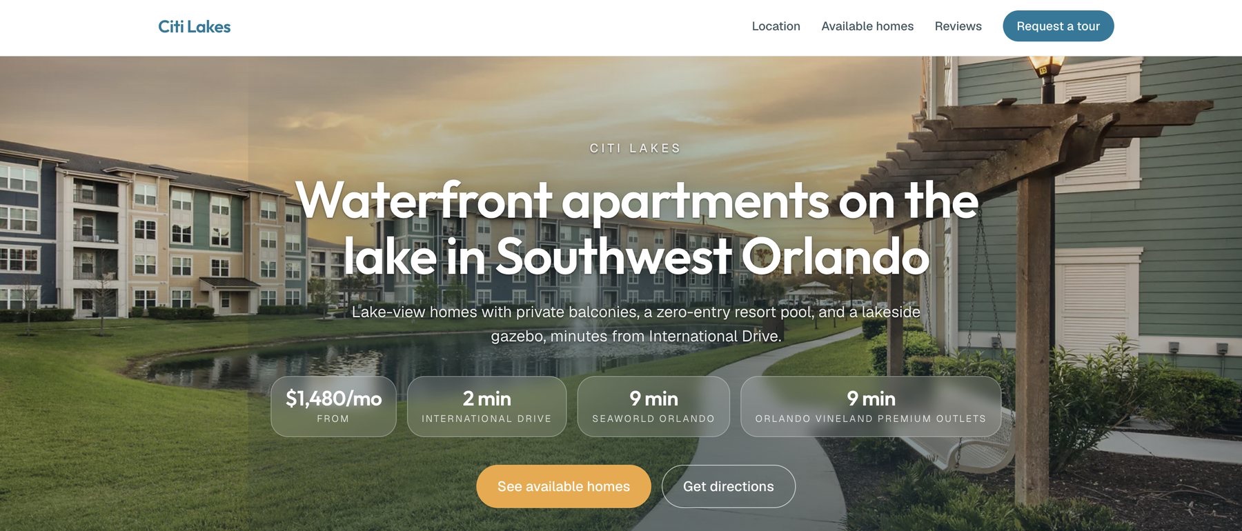 A live Direct community page for Citi Lakes, with starting rent, nearby drive times and tour booking